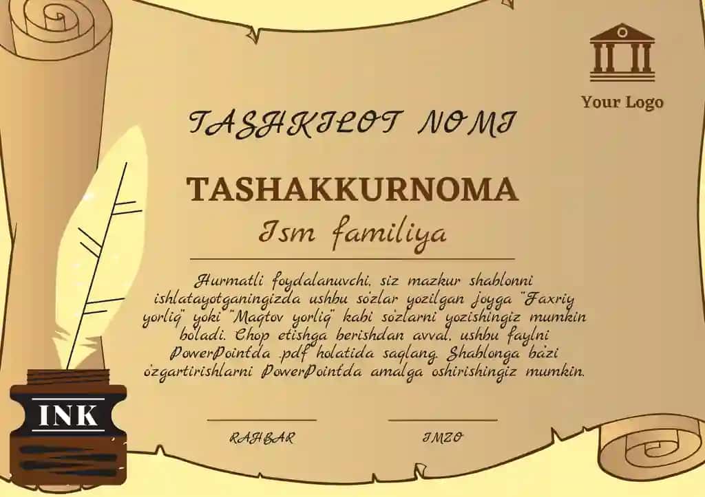 Tashakkurnoma, Diplom, .... Shablon PowerPoint