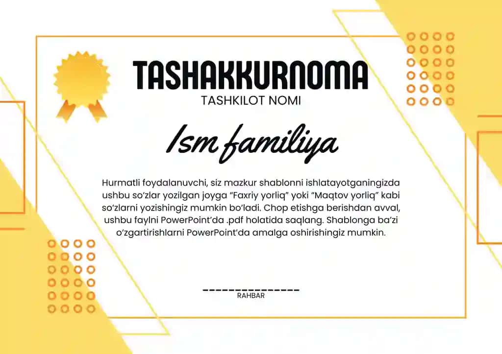 Tashakkurnoma, Diplom, .... Shablon PowerPoint