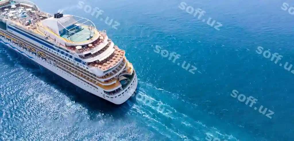 Havo fondagi ko'rinish chiroyli oq kruiz kema hashamatli kruiz yaqin rasm kema orqa qismi sharq bilan kontrail okeyan dengizi tushunchasi turizm sayohat dam olish vaqti yoz | Aerial view beautiful white cruise ship luxury cruise close up stern cruise sail with contrail ocean sea concept tourism travel holiday take vacation time summer