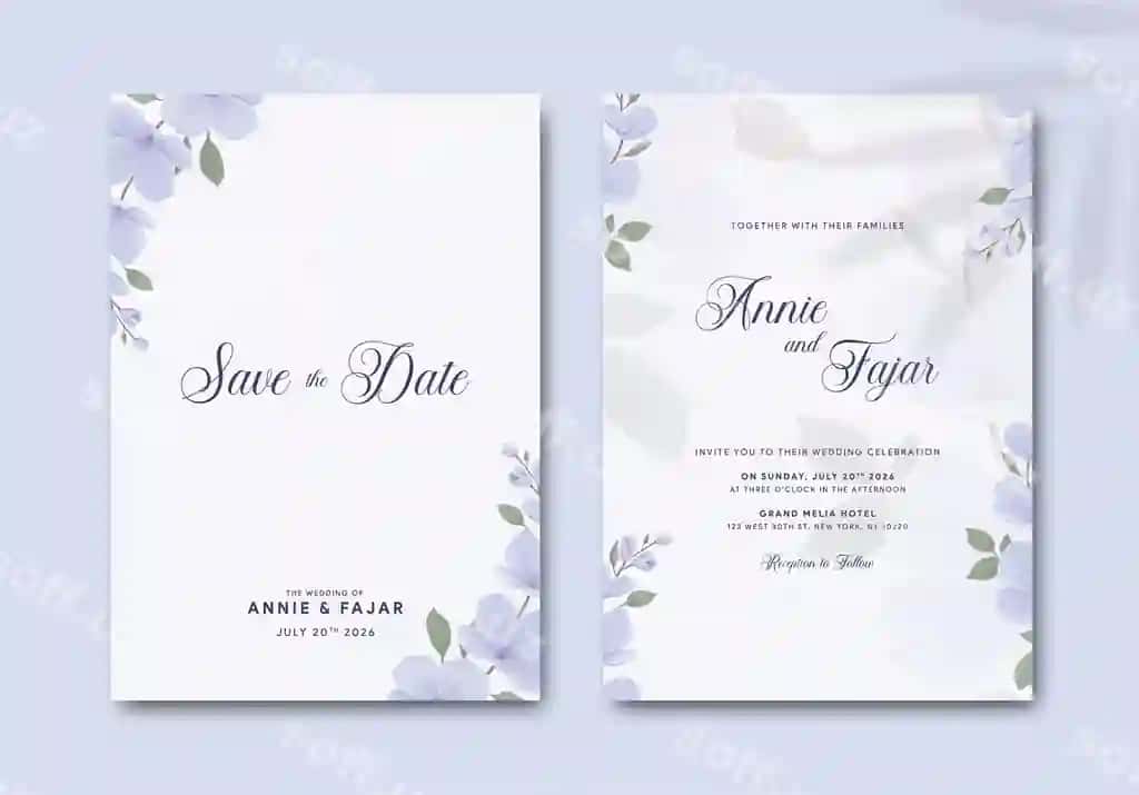 Nikoh taklifi ko'k gullar illustratsiyasi premium vektor | Wedding invitation with blue flowers illustration premium vector