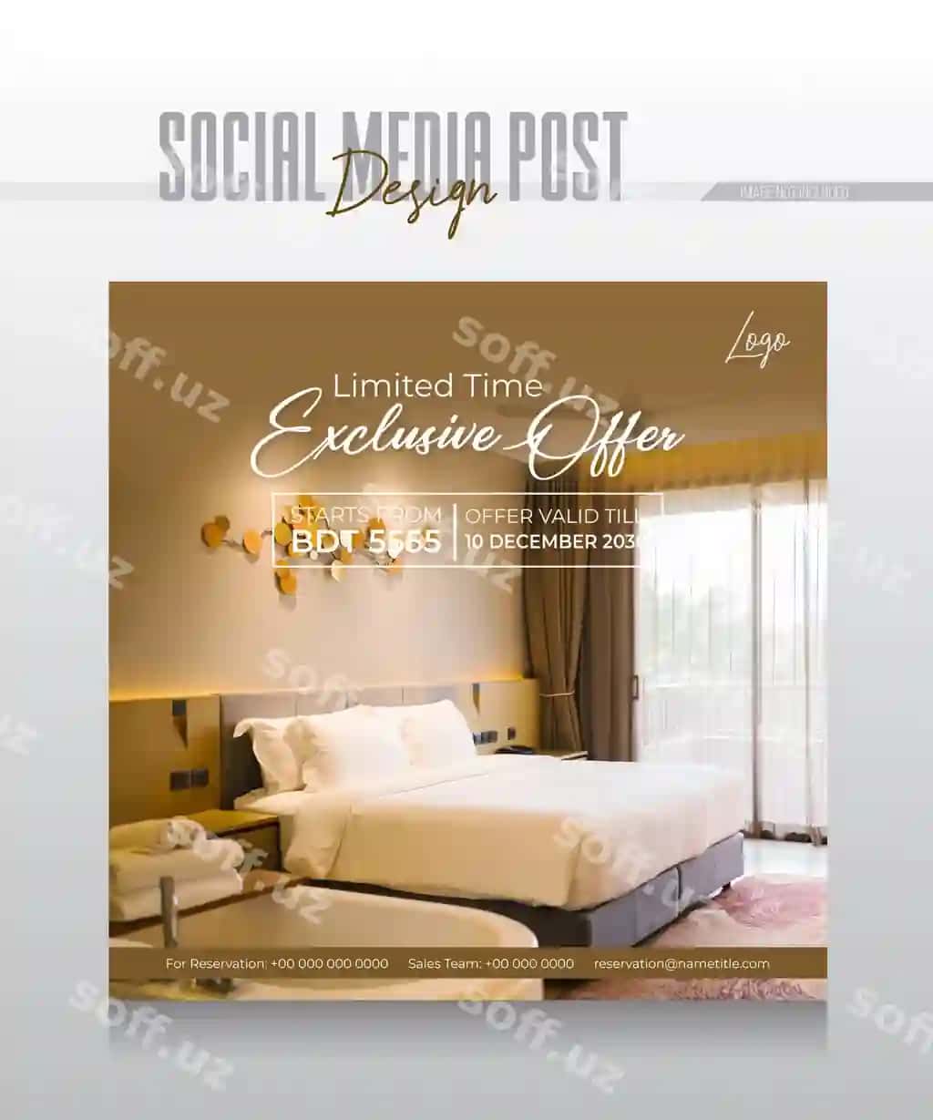 Me'monxona-resort sayohat choylagi post ijtimoiy tarmoqlar shabloni | Hotel resort travel flyer post social media template