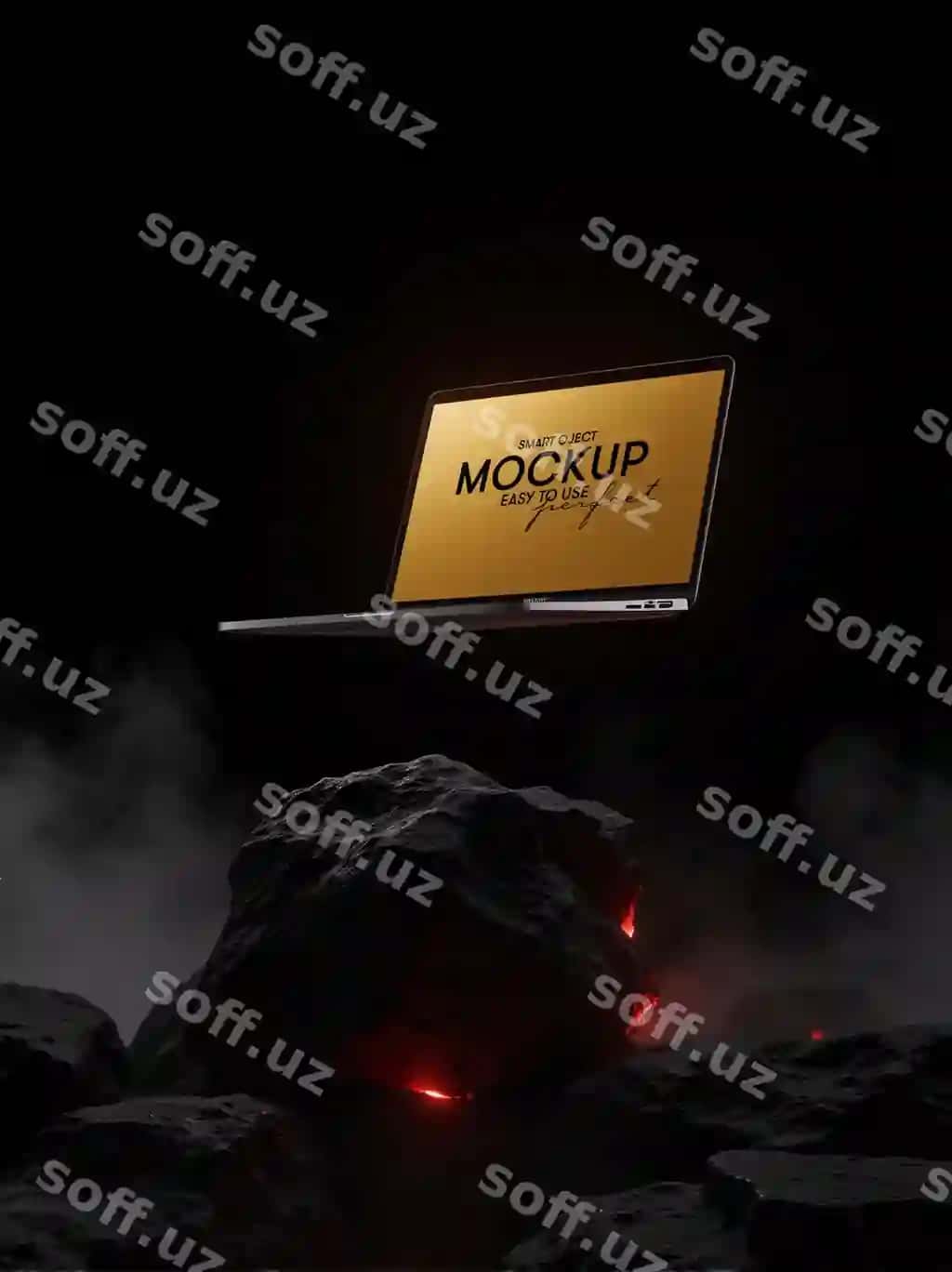 Psd premium noutbuk mockupi dramatik vulqon qirrası sahnası bilan qorongʻi | Psd premium laptop mockup with dramatic volcanic rock scene dark