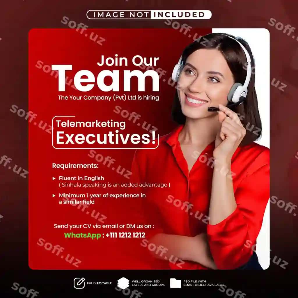 Telemarketing jamoamizga qo'shiling - bo'sh ish o'rinlarini e'lon qilish uchun reklama flyer shabloni | Join our telemarketing team vacancy ad flyer post template