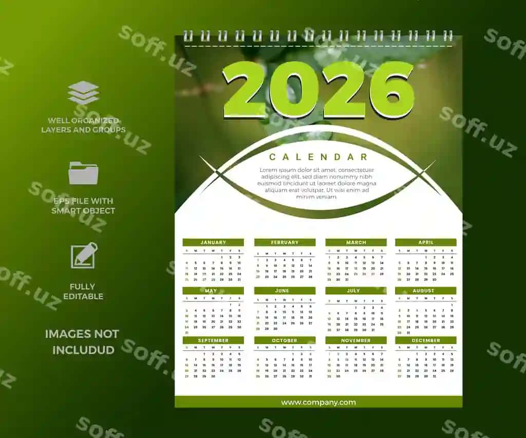 2026 yil qizil tabiat mavzusidagi yillik kalendari shabloni | 2026 green nature themed annual calendar template