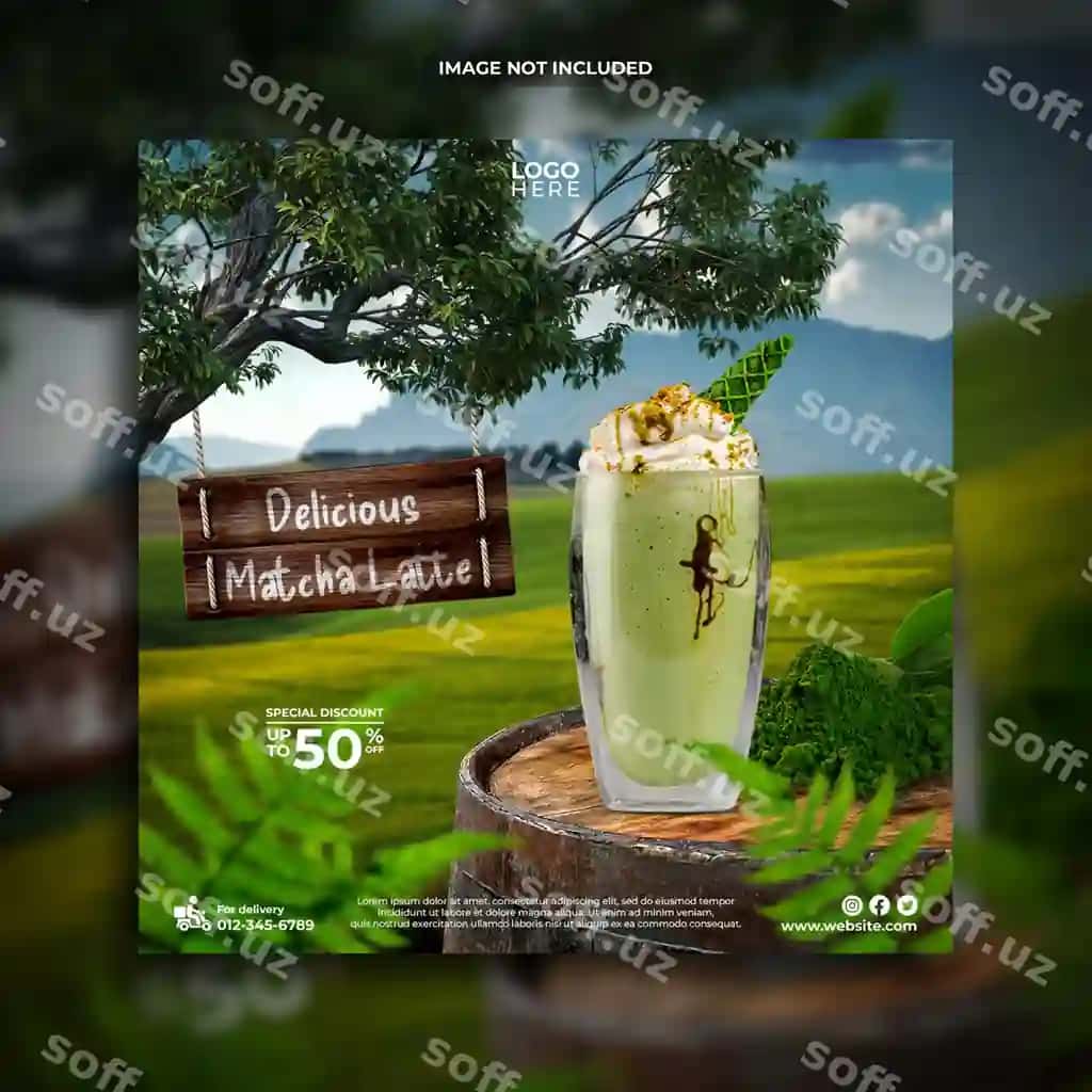 Mazali matcha latte ijtimoiy tarmoqlar post shabloni dizayni | Delicious matcha latte social media post template design
