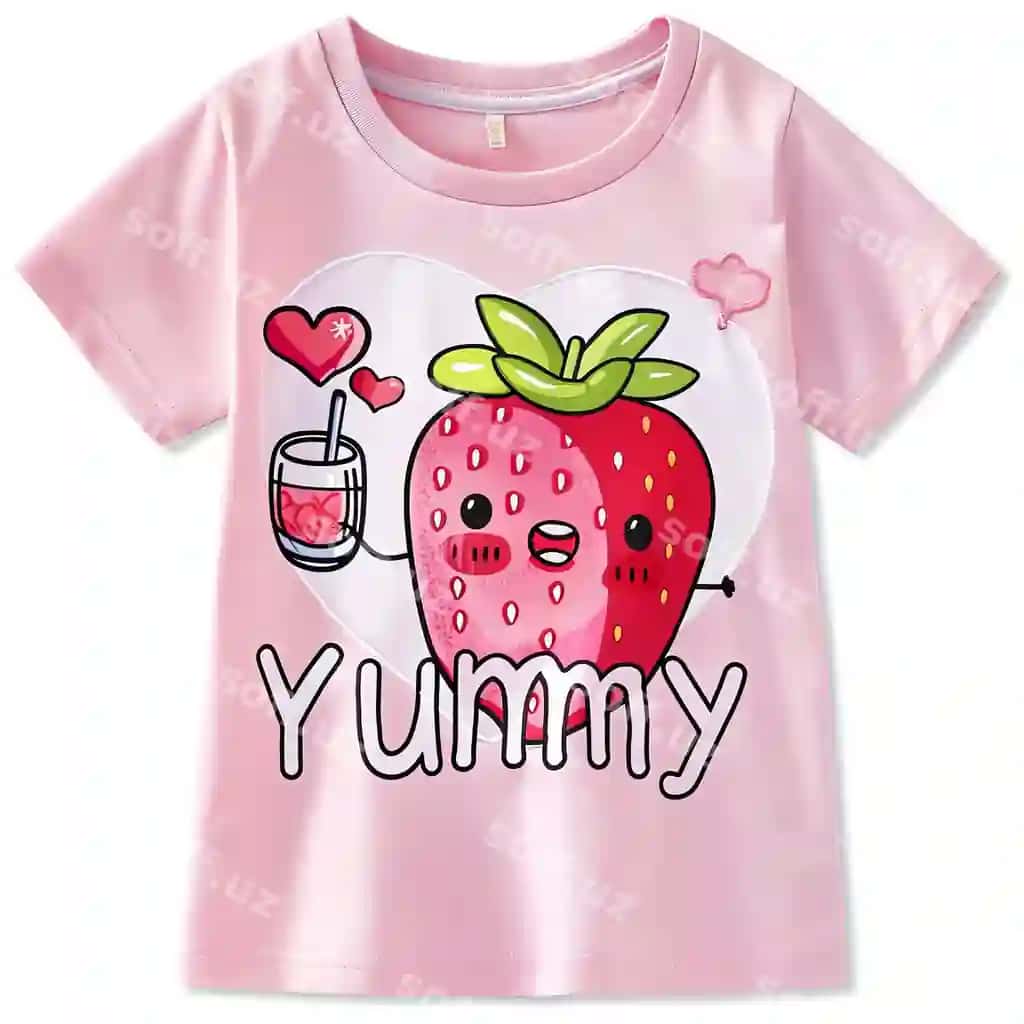 Pudra rangli ko'ylak qizil smorodina va "yo'gurt" so'zi bilan | Pink shirt with strawberry it that says yogurt