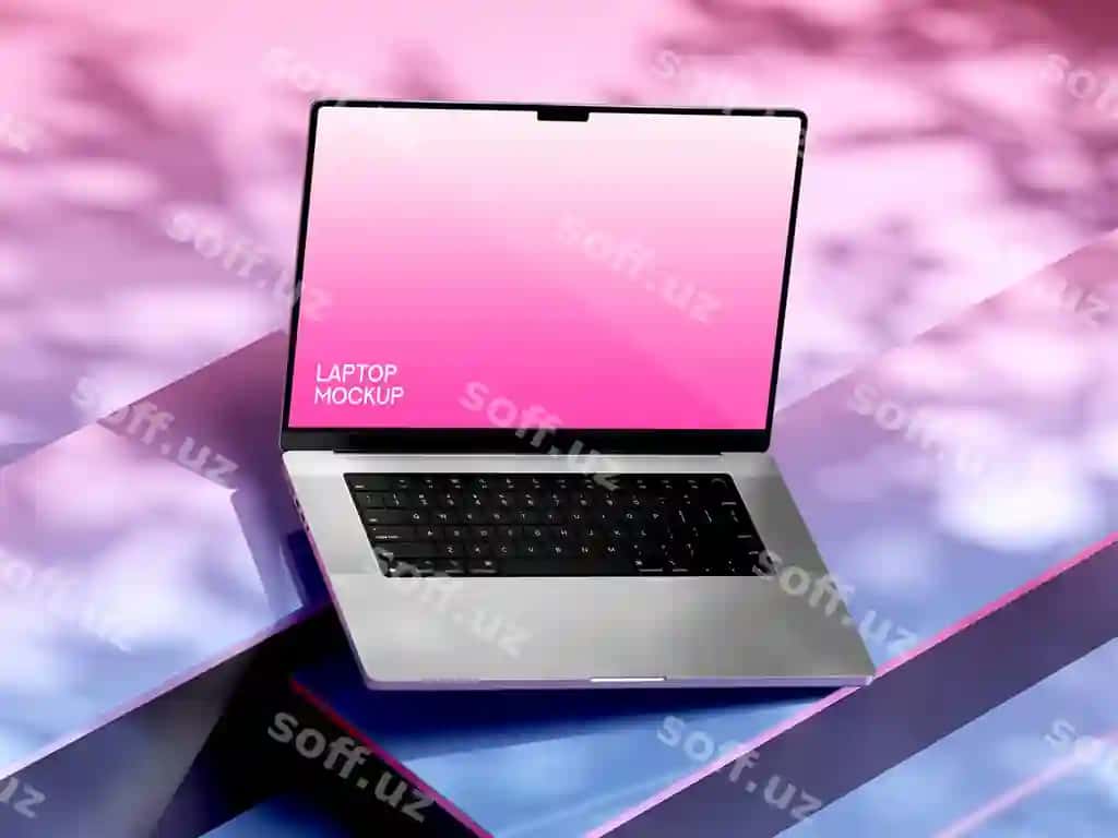 Noutbuk maketi pushti gradient yuzasi | Laptop mockup pink gradient surface