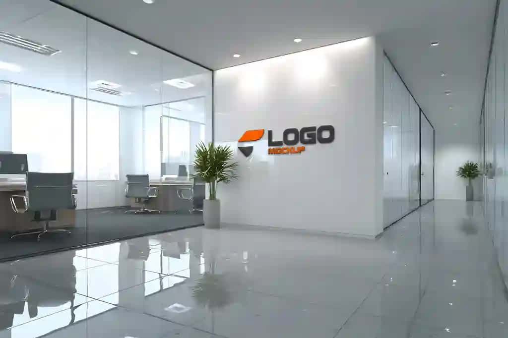 Zamonaviy ofis devori logotipi maketi | Modern office wall logo mockup