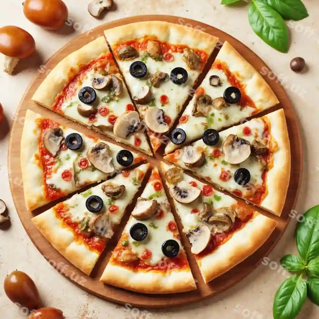 Mishr qozon zeytun pizza doyillari yog'och taxtasi | Delicious mushroom olive pizza slices wooden board