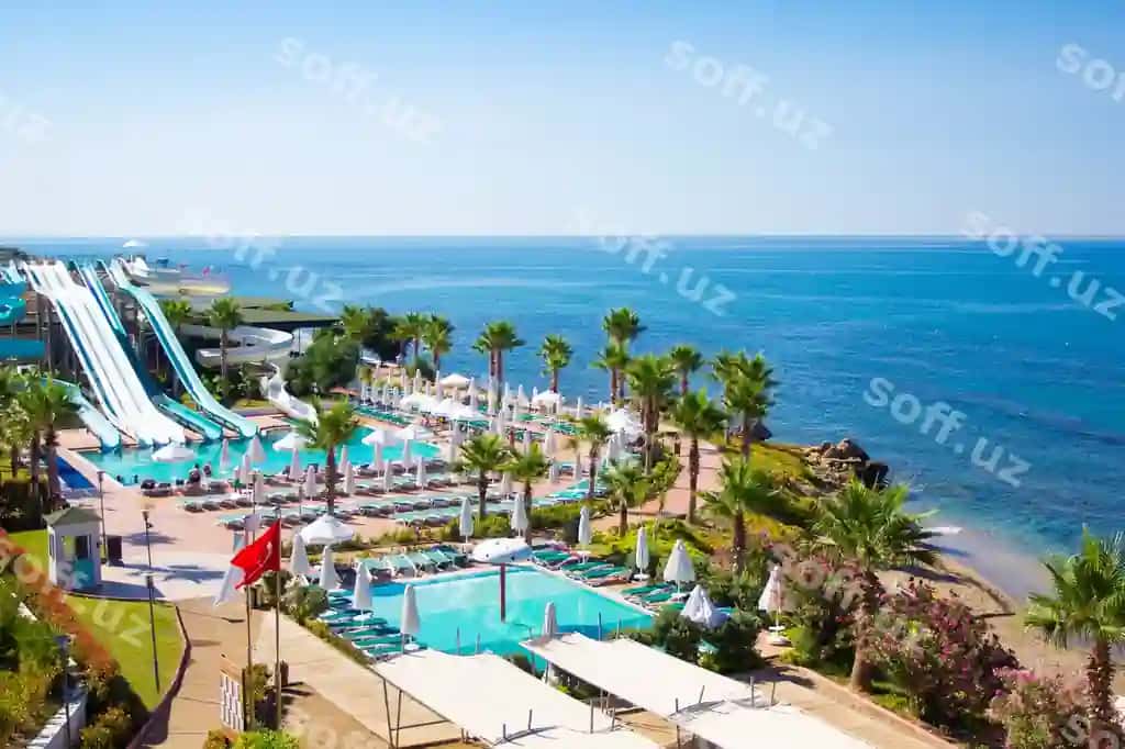 Katta maydon Akvapark, havzali, plyazh, tovuk | Big area with aquapark swimming pool beach turkey