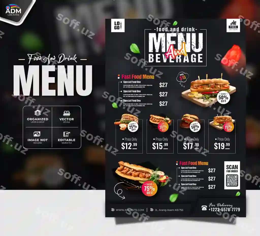 Mazali restoran ovqatlar menyusi, maxsus menyu banner flyer dizayni | Delicious restaurant food menu specila mie menu banner flyer design