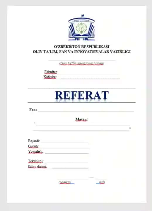 REFERAT yuzi. Oliy ta'lim uchun