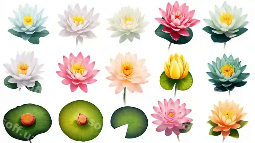 Uch o'lchovli komplekt oq binafsha lotus gullari o'tig'i va yaproqlari reklama taklifnomalari | 3d set white pink lotus flowers stems leaves advertising invitations