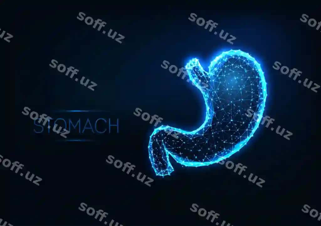 Futuristik yorqin past poligonal insan ovchiq ajratilgan qora ko'k | Futuristic glowing low polygonal human stomach isolated dark blue