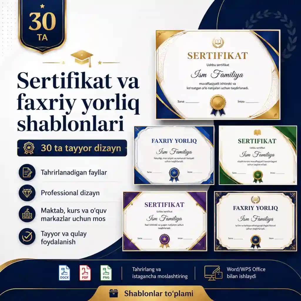 Sertifikat va faxriy yorliq shablonlari — 30 ta tayyor dizayn