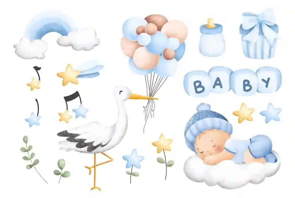 O'g'il bola laylak clipart akvarel rasmi ajoyib karta tabriklari | Stork baby boy clipart watercolor illustration great card greetings