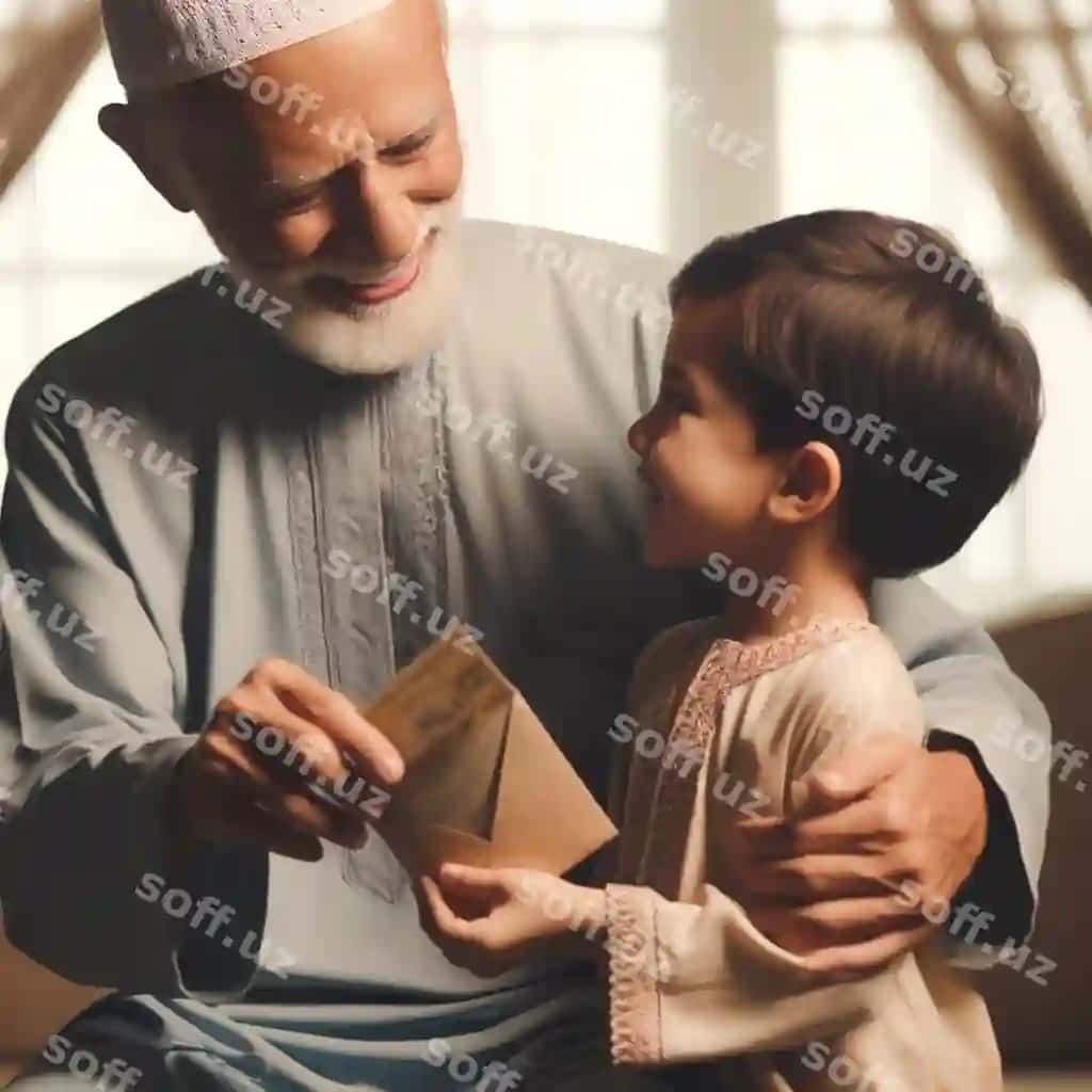 Yopiq sahna aqsaq eidi murojani yosh bolaga berish Qurbon hayiti | Intimate scene depicting elder giving young child eidi envelope eid aladha
