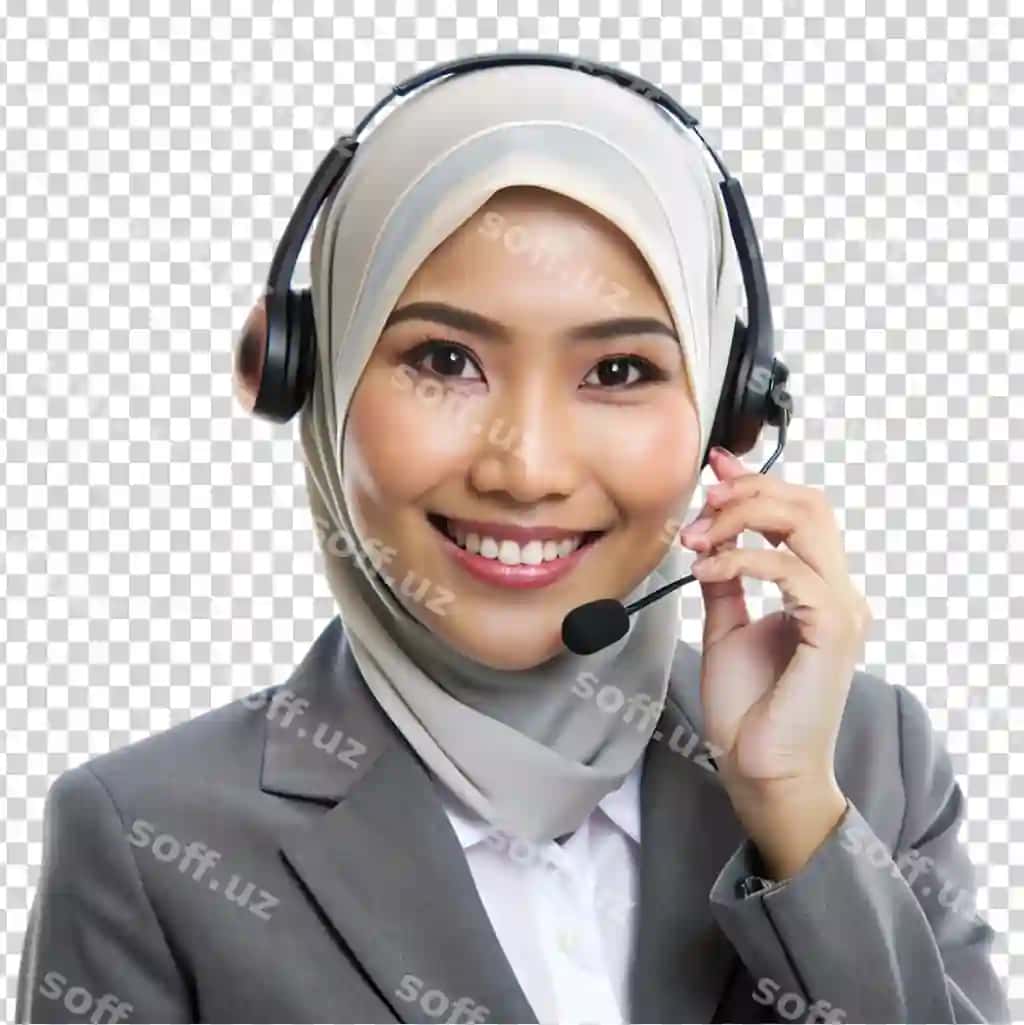 Ayol quloq qo'shiq kamera oldida guladi shaffof fonda | Woman headset smiling camera transparent background