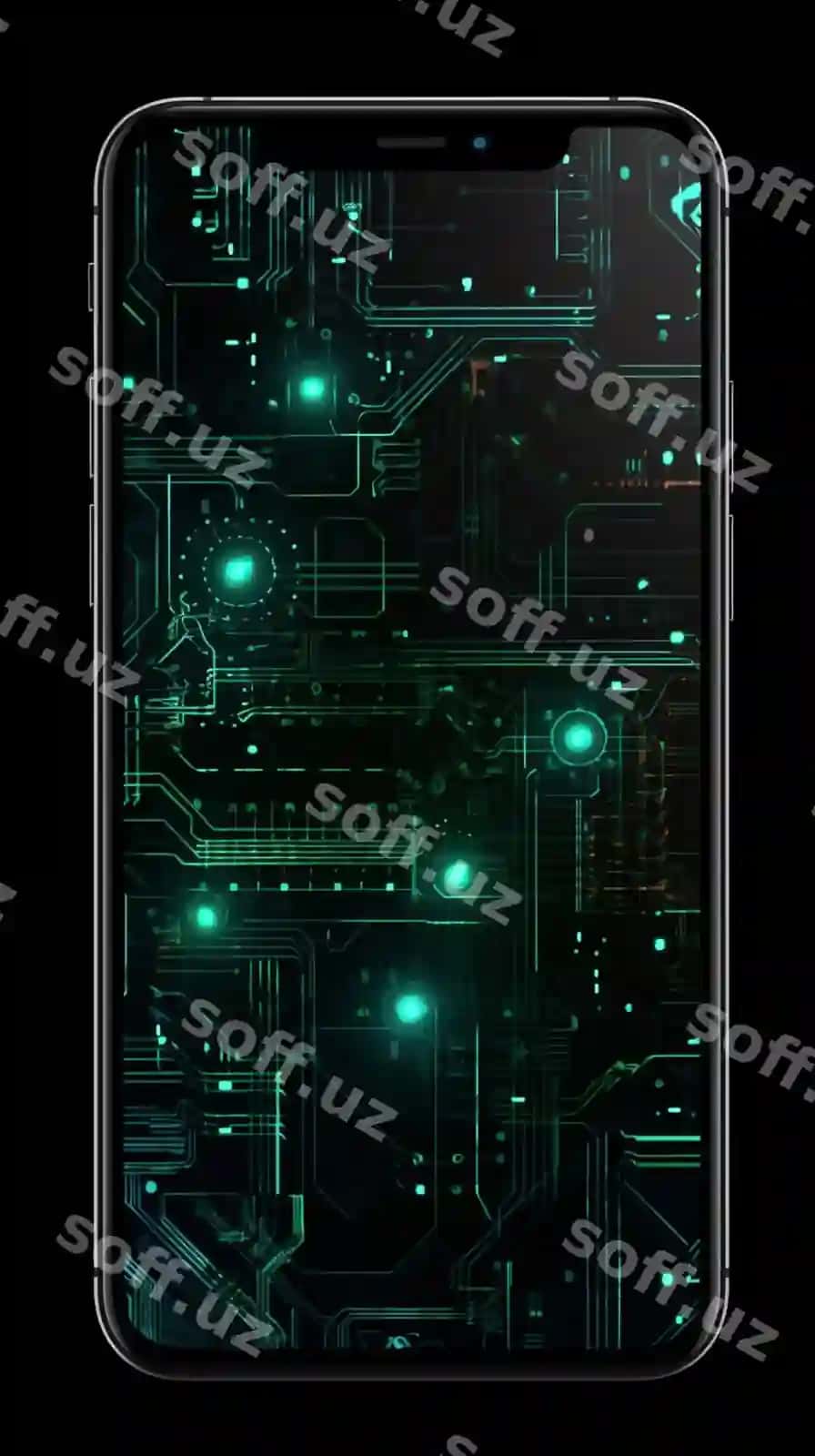 Yaqin rasm mobil telefon yashil schem ekrani generativ sun'iy intellekt | Close up cell phone with green circuit board screen generative ai