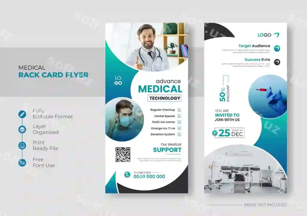 Tibbiy soxta dl flyer dizayni rack karta leaflet shabloni | Medical healthcare dl flyer design rack card leaflet template