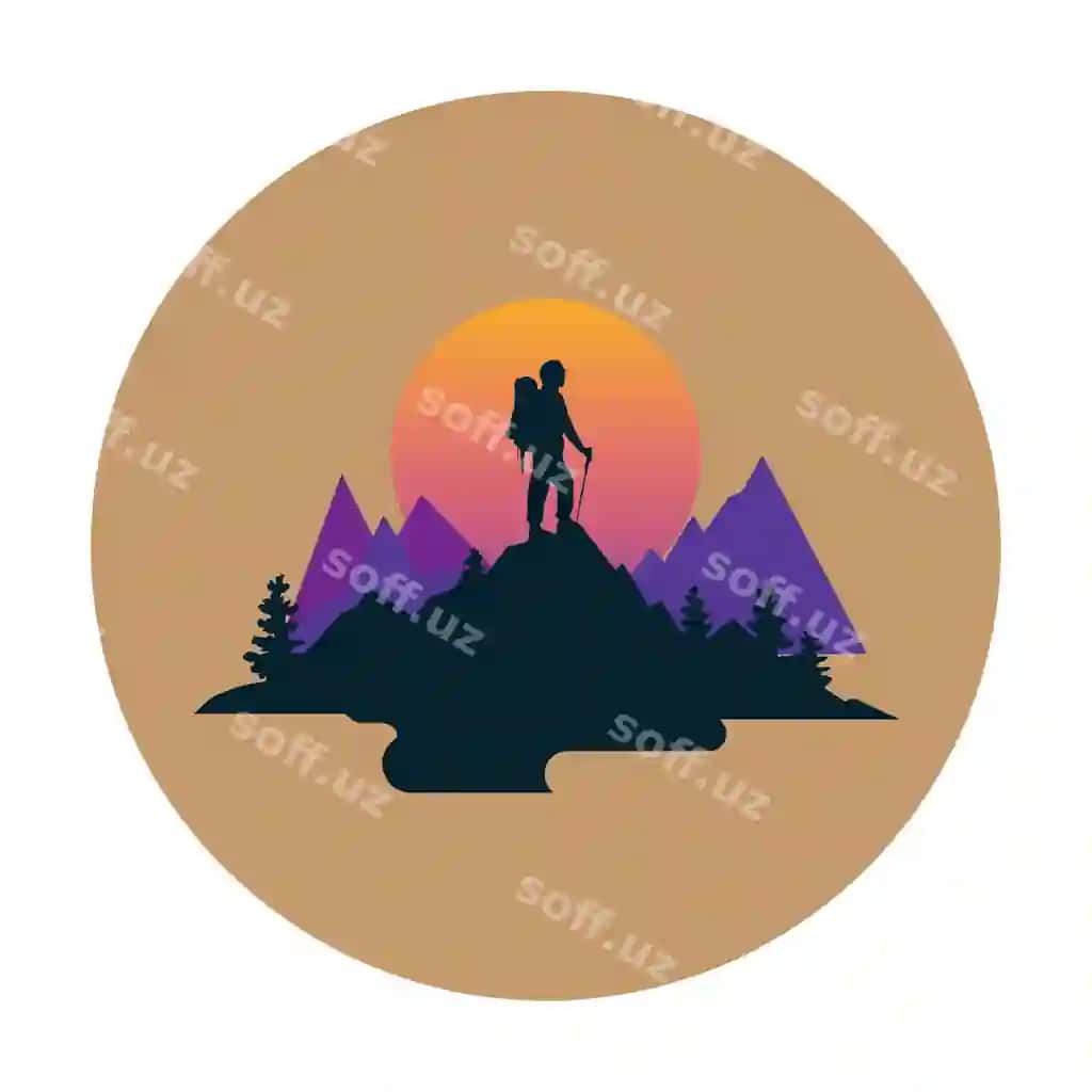 Posterdagi sahobli erkak cho'lon manzarasi quyosh orqa fonda | Poster man with backpack mountain landscape with sun background