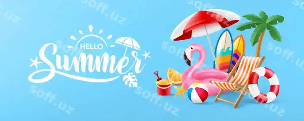 Salom yoz poster baner shabloni pushti flamingo hovuz suziluvchi bilan | Hello summer poster banner template with pink flamingo pool float