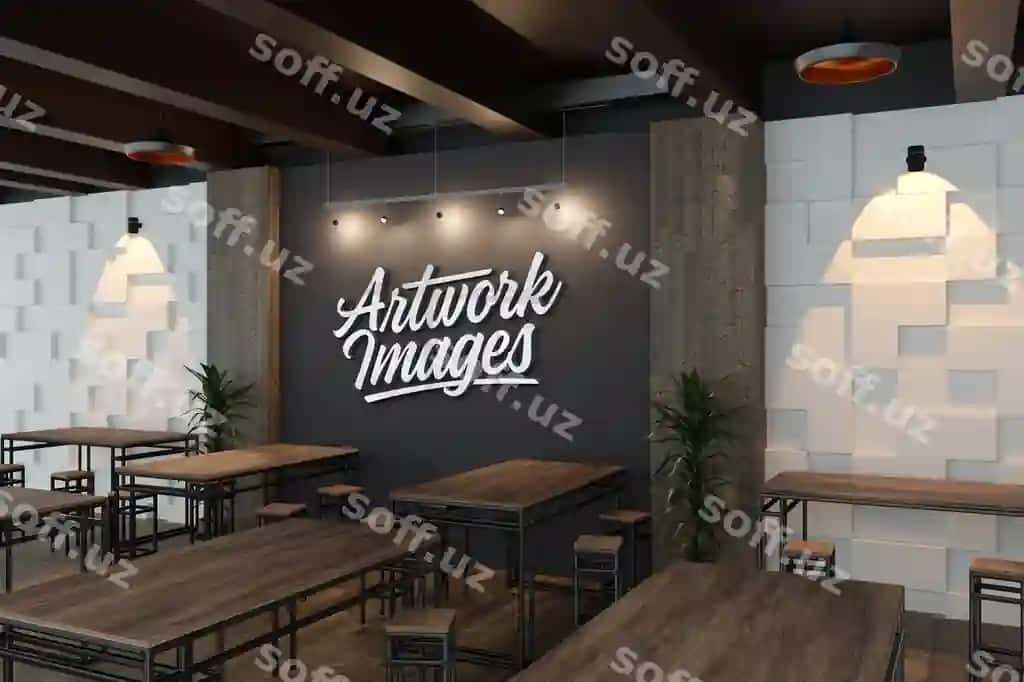 Kumush 3D logotip namunasi restoran devor dekoratsiyasi | Silver 3d logo mockup restaurant decoration wall