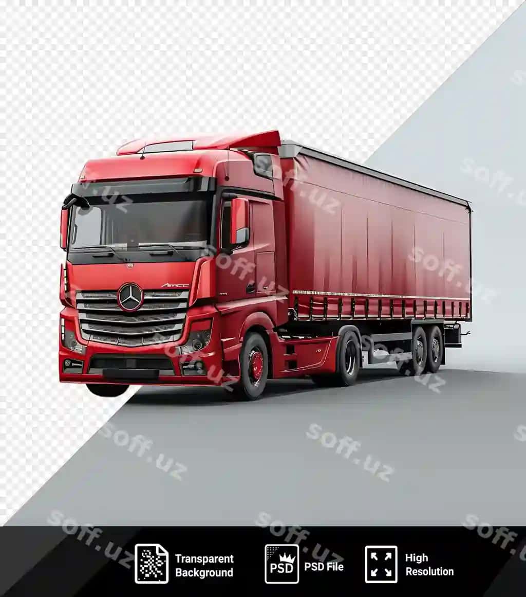 Psd rasm mockup qizil yuk kumush grill bilan kulrang osmon orqali | Psd picture mockup red truck with silver grill against gray sky