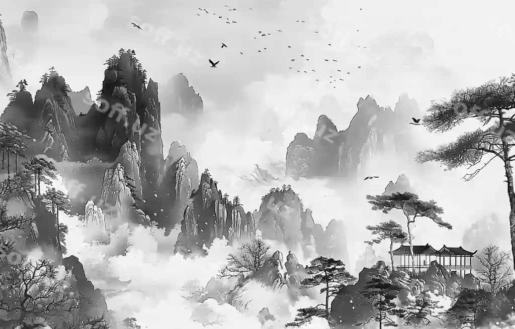 Qora-oq chizma landshtiv uchadigan paratlar va bulutlar bilan | Black white drawing landscape with birds flying clouds