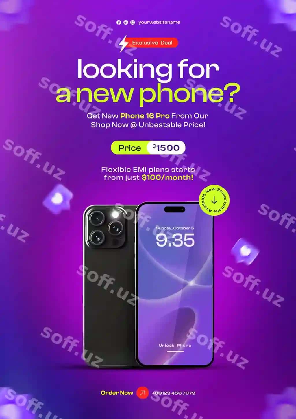 Yangi akilliq telefon ijtimoiy tarmoqlar flyer dizayn shabloni | New smartphone social media flyer design template