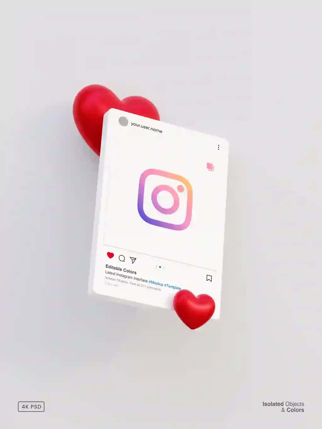 Interfeys shabloniga ega 3D instagram post maketi 3D yurak izolyatsiya qilingan | 3d instagram post mockup with interface template 3d heart isolated