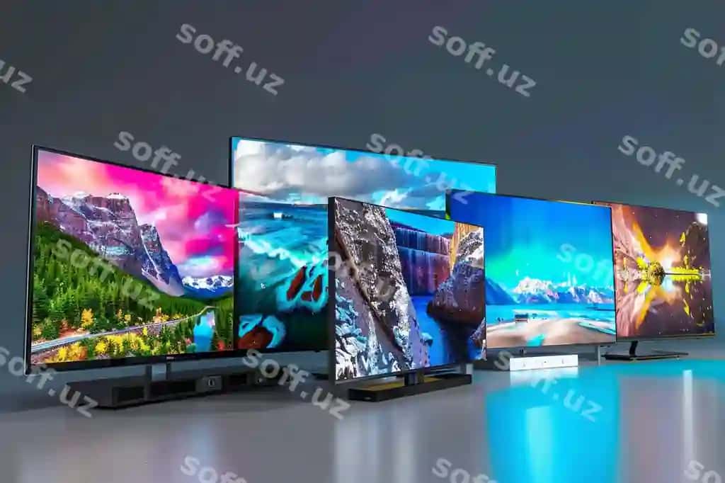 Qator televizorlar cho'lonlar to'plari bilan | Row televisions with mountains top