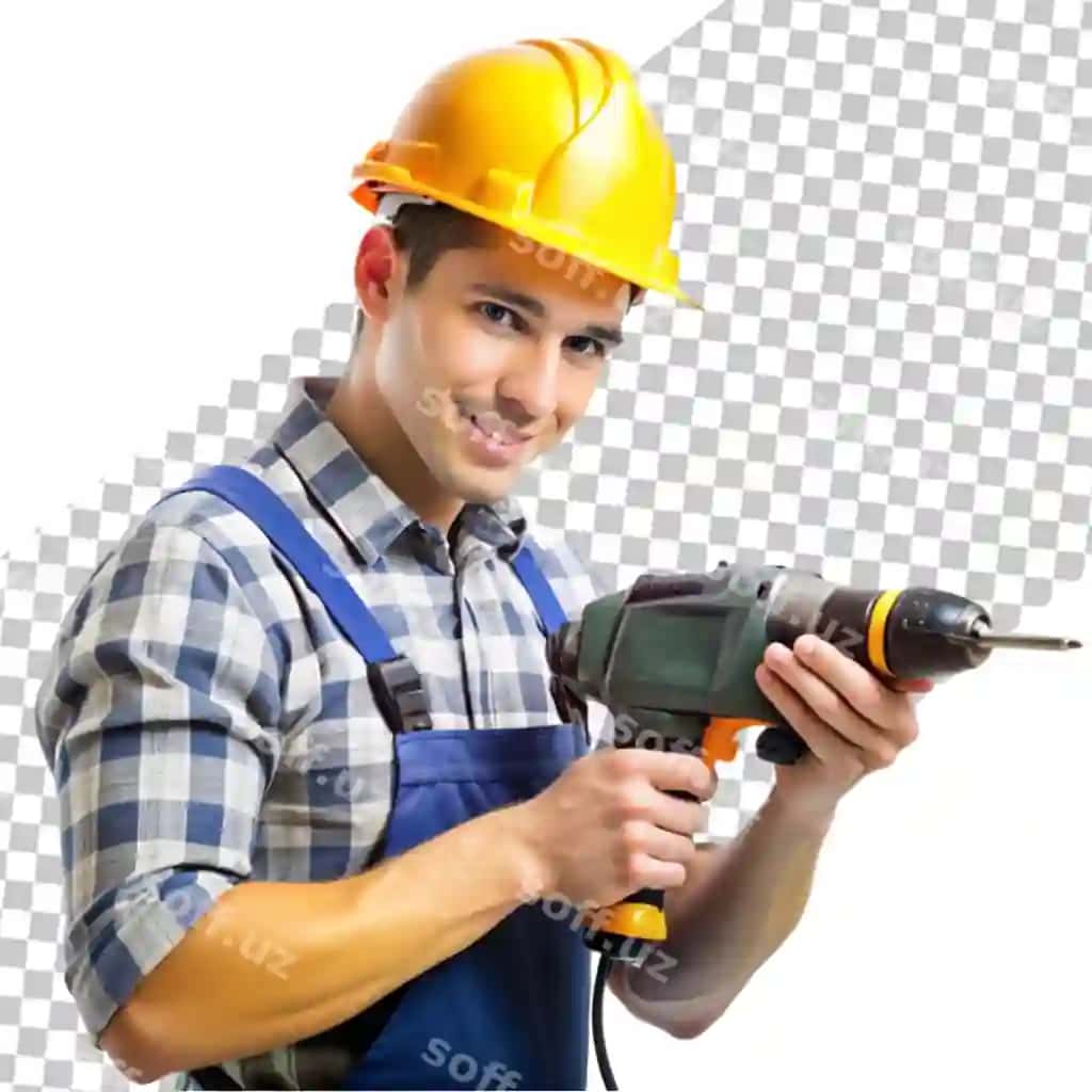 Ishchi bor bilan oq orqa fonda | Workman with drill white background