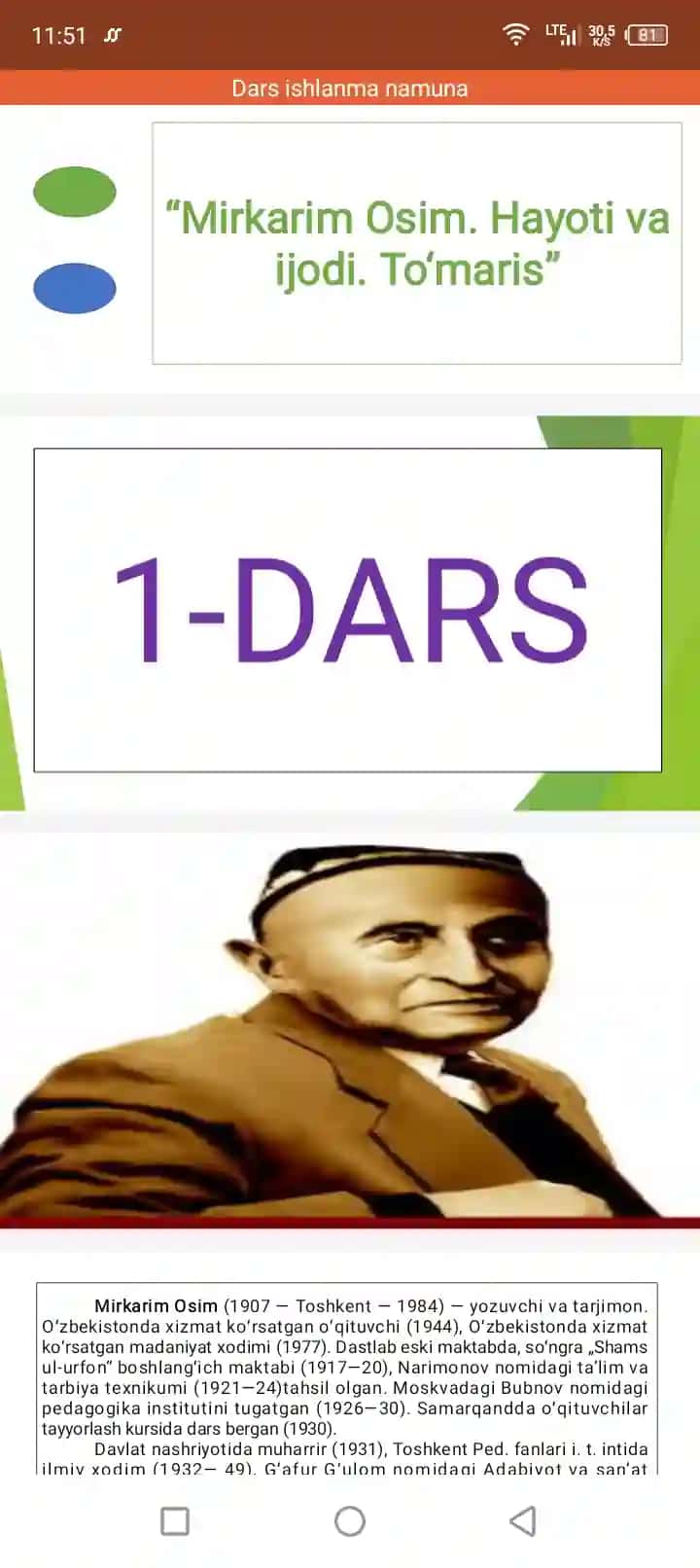 Mirkarim Osim Hayoti va ijodi slayd dars ishlanma