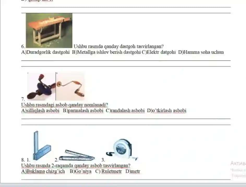 Texnologiya fanidan O'g'il bolalar uchun to'liq testlar