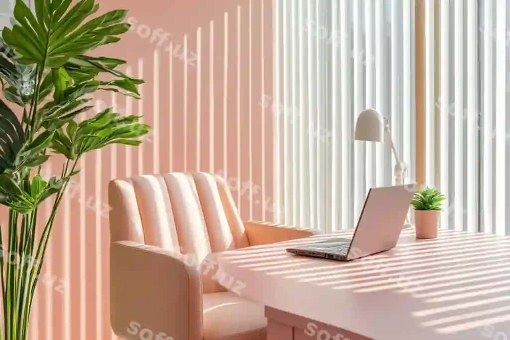 Pushti ofis stoli, noutbuk rasmi bilan o'rnatilgan | Pink office desk with laptop picture plant it
