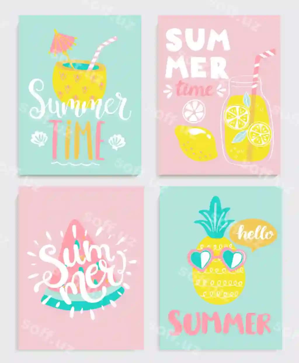 Chiroyli to'plam yorqin yozgi kartochkalar ichimliklar: limon choyi, ananas, tarvuz bilan | Cute set bright summer cards with drinks lemonade pineapple watermelon
