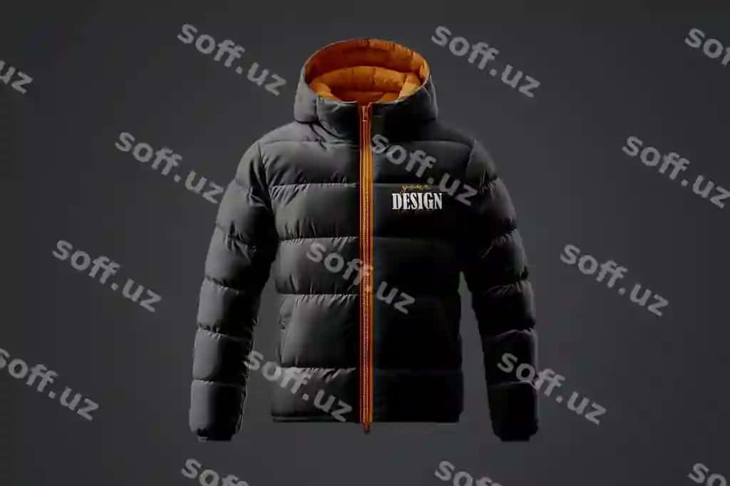 Qora pufayli jaket kaptusli namuna | Black puffer jacket with hood mockup