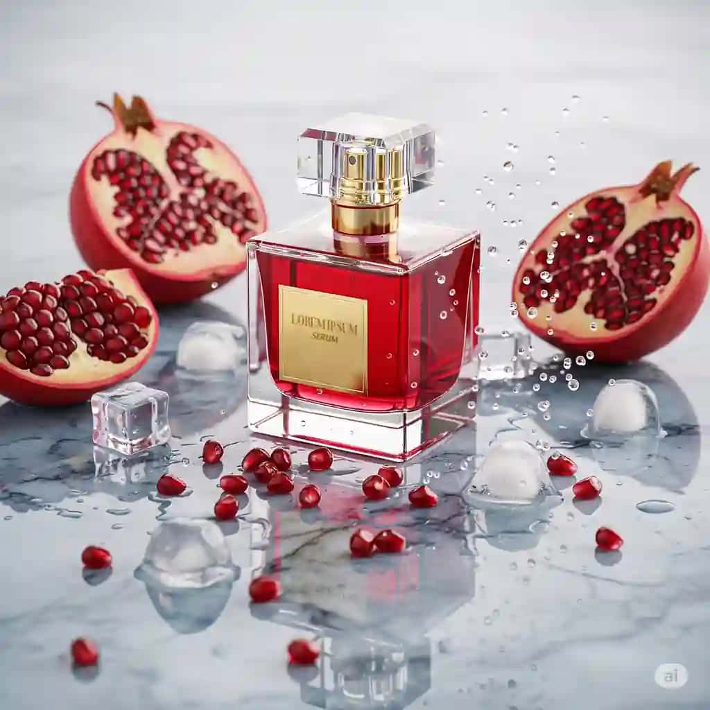 Anor maketi bilan hashamatli qizil atir | Luxurious red perfume with pomegranate mockup