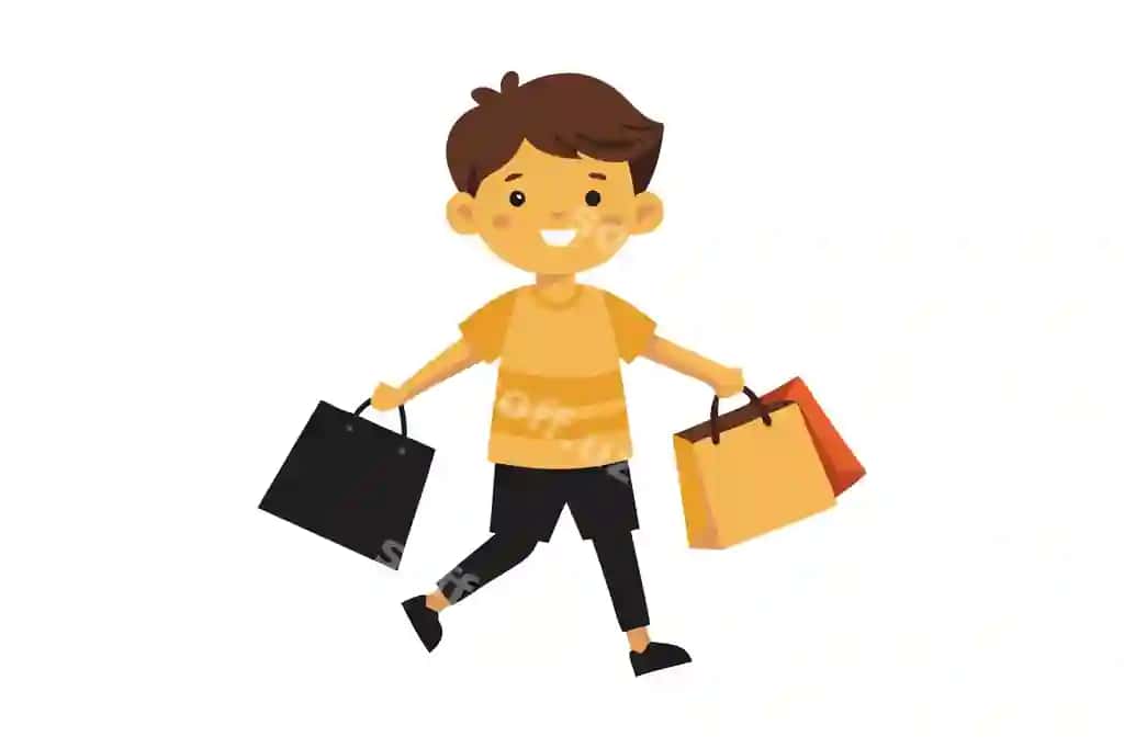 Baxtli yosh bola rangli xarid sumkalari bilan xarid qilmoqda, isolatsiya qilingan oq fonda | Happy young boy shopping with colorful shopping bags isolated white