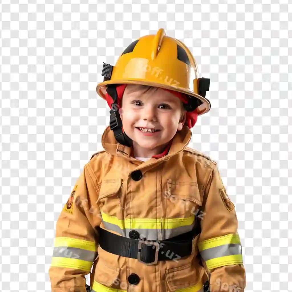 Gulbar kichik bola yangi olovchi kostyum kiygan, to'g'ri turgan, old tomonga qarab | Smiling little boy wearing firefighter uniform standing front view