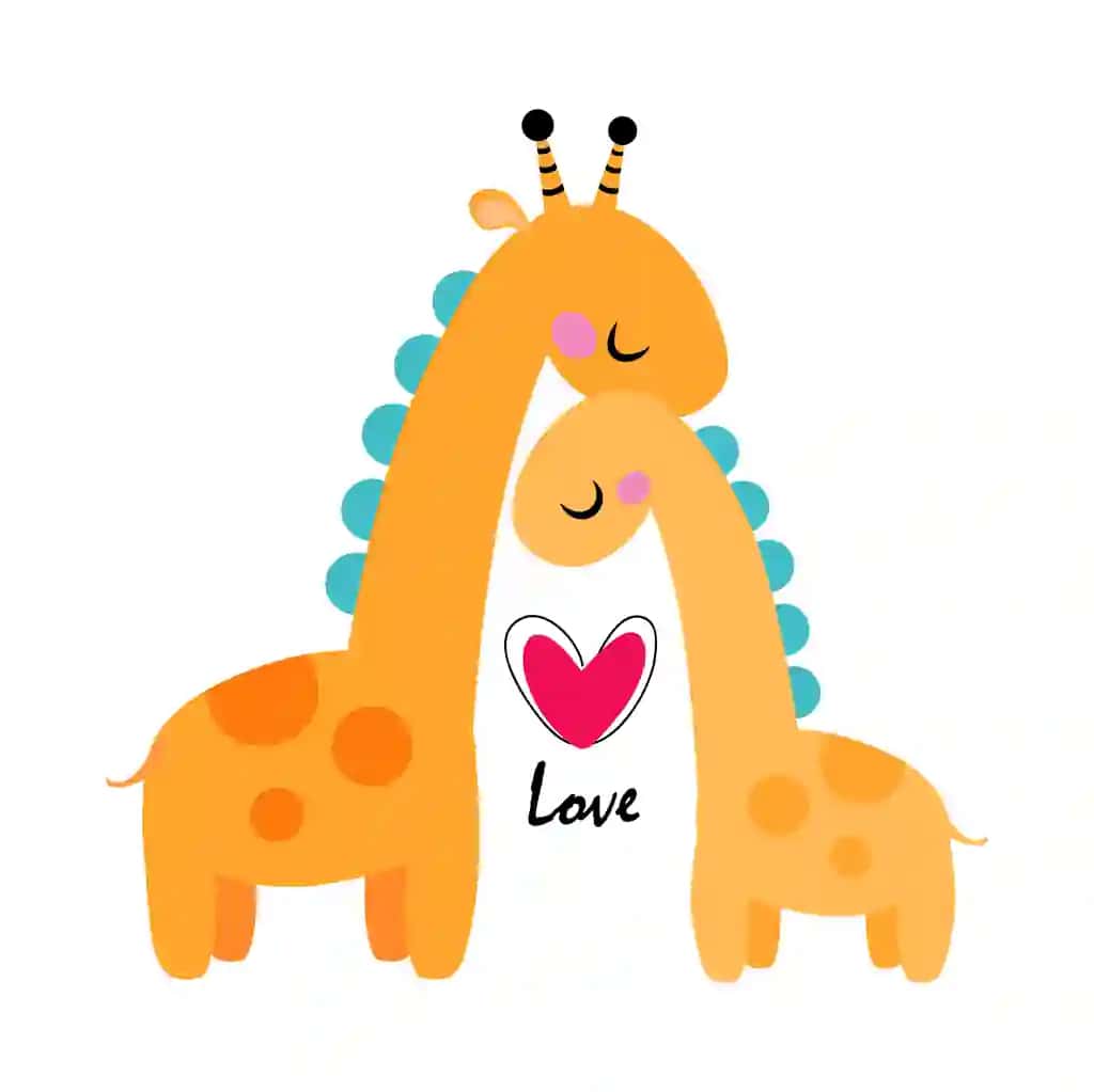 Sevishganlar kunini nishonlash vektori sifatida quchoqlagan jirafa ona bolasi | Giraffe mother cub cuddling as valentine day celebration vector
