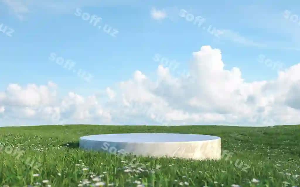 3d renderlangan marble podium fonda grass maydon osmoni foni bilan | 3d rendering marble podium backdrop with grass field sky background