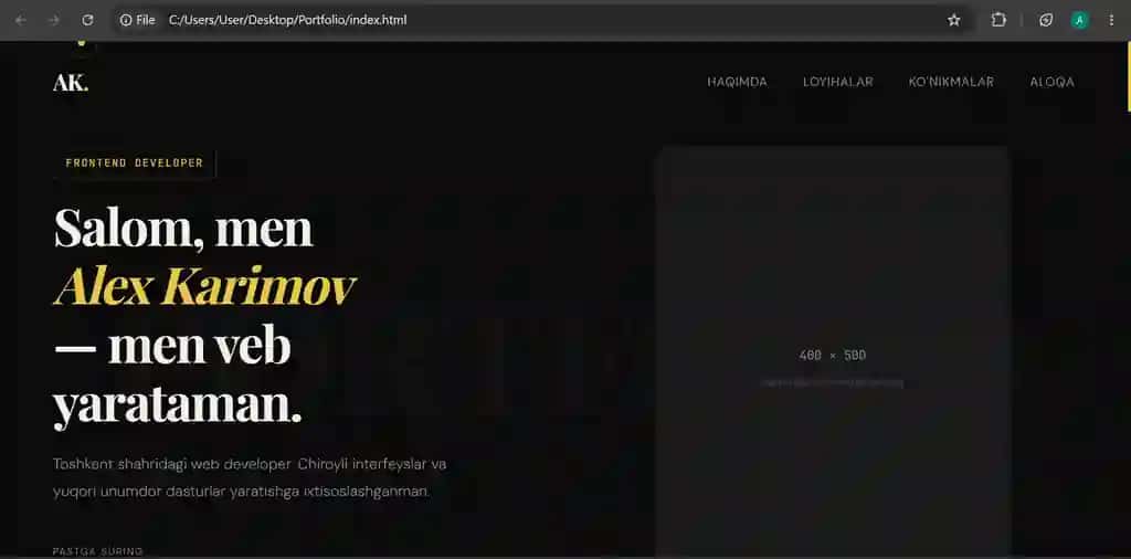 Portfolio uchun web sahifa dizayni(html, css, js)