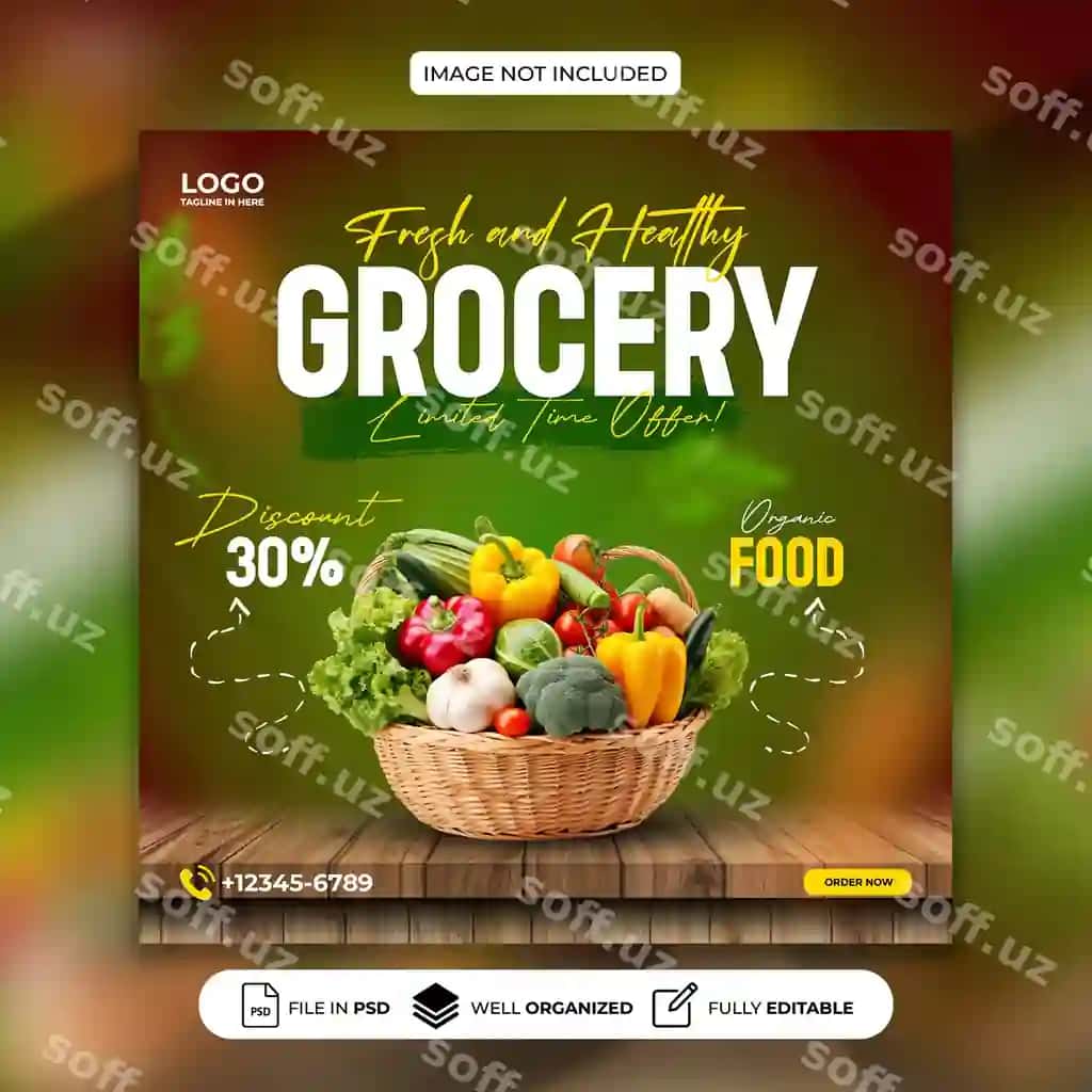 Do'kon ovqatlari uchun post dizayni ijtimoiy tarmoqlar shablonlari | Grocery food post design social media templates