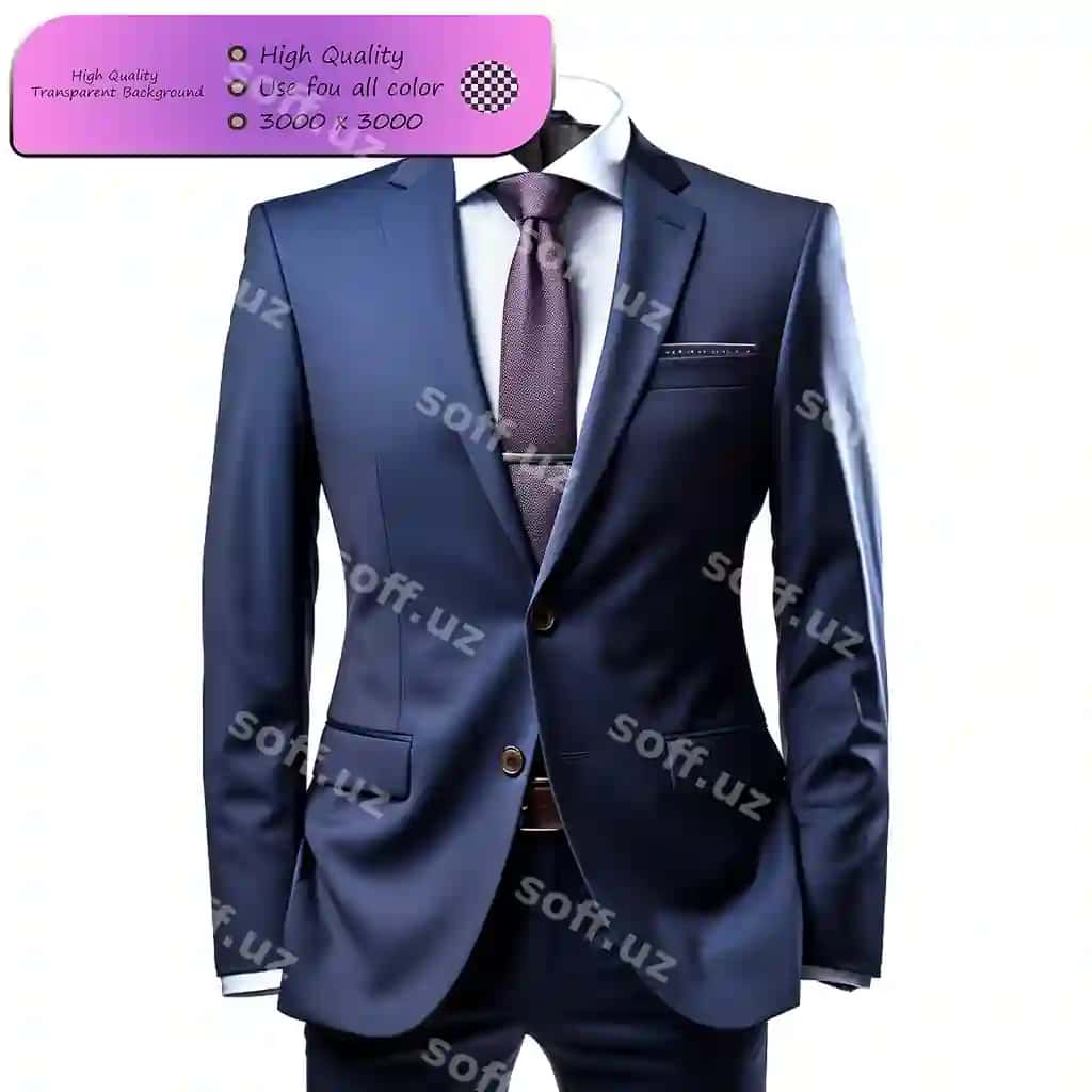 Slim fit ko'k binafsha kostyum osiyotlangan etkir zamonaviy ko'rinish shaffof orqa fonda | Slimfit navy blue suit tailored sleek modern look transparent background
