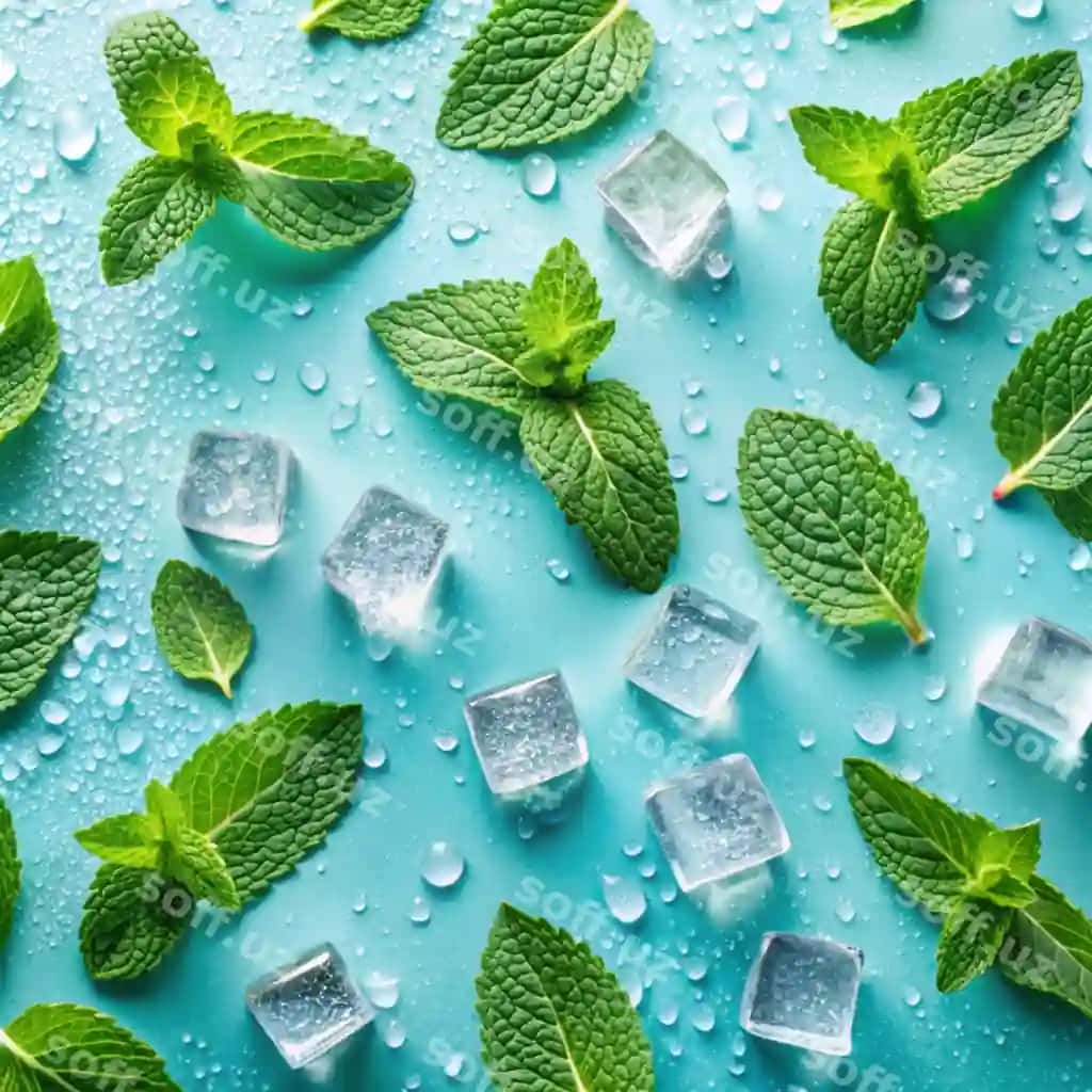 Yuqori ko'rinish fotosurati mint varatlari buz kublari suv dammlari pastel ko'k fon | Top view photo mint leaves ice cubes water drops pastel blue background