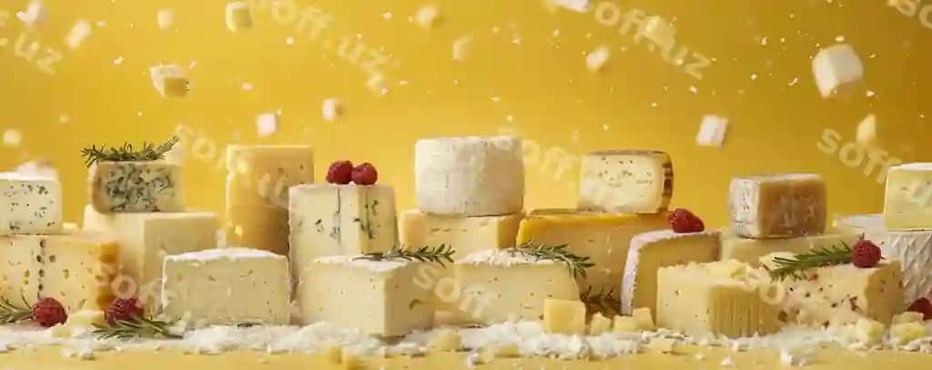 Assortiment gourmet pishloqlar yangi otlari bilan boringlar sariq orqa fon shirin sut mahsulotlari | Assortment gourmet cheeses with fresh herbs berries yellow background delicious dairy