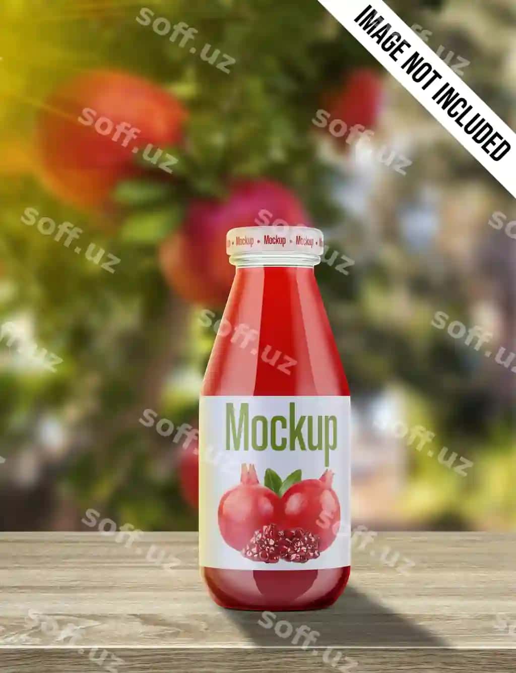 Anor ichimlik meva suvi butilka namunasi yog'och stol orqa fonda | Pomegranate drink juice bottle mockup wooden table with background