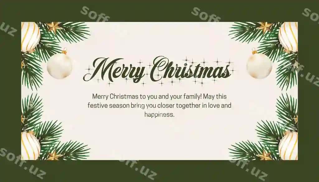 Elegant Baxmalik tabrigi kartasi bayramiy bezatishlar bilan | Elegant merry christmas greeting card with festive decorations